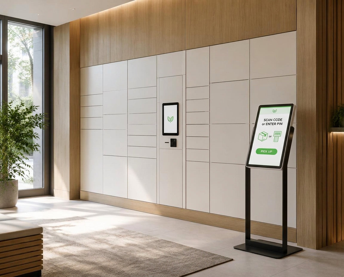 Parcel lockers with a touchscreen kiosk in a condominium lobby