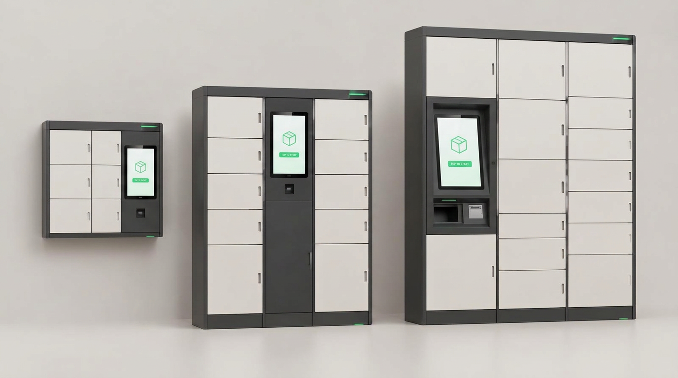 Parcel locker configurations with touchscreen kiosks